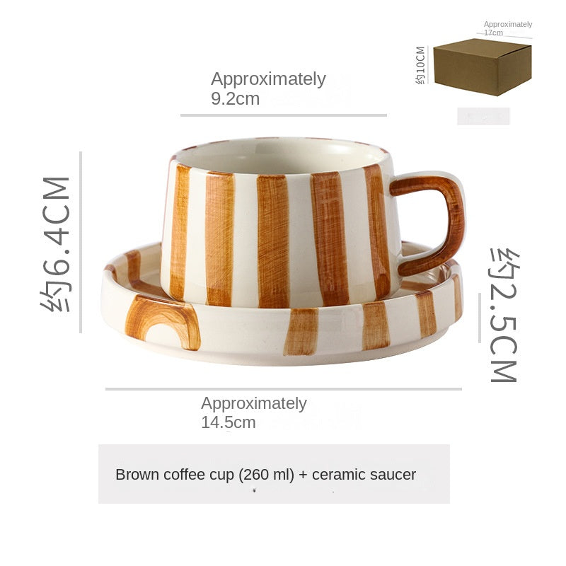 Eenvoudige handgetekende gestreepte keramische mok, creatieve meerkleurige cadeau-mok, koffiekop met schoteltje