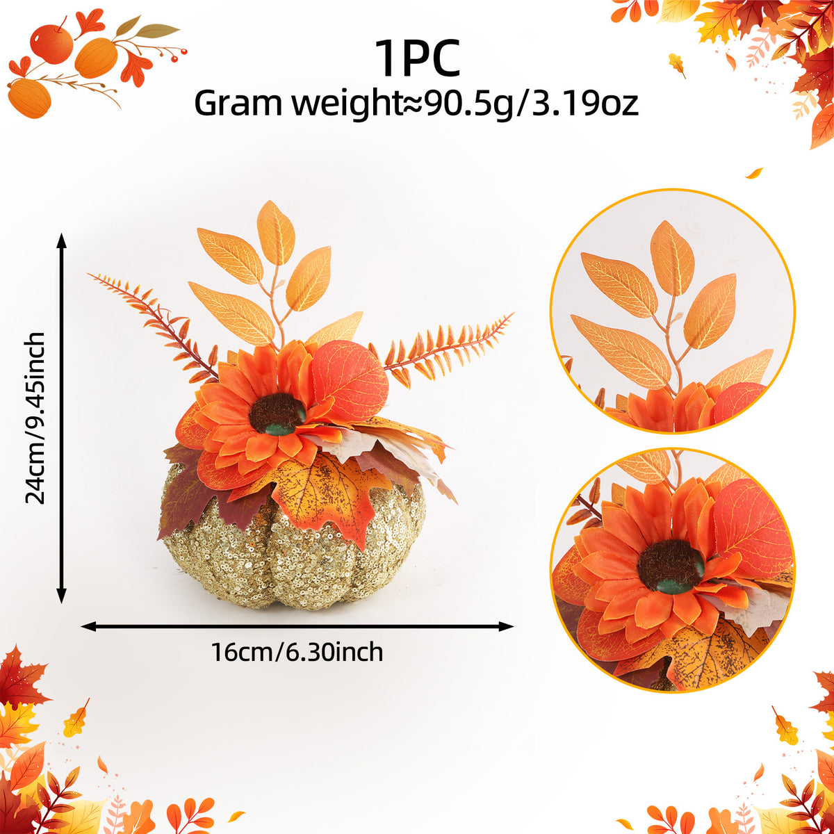 Kunstglitterpompoen, kunst-dahlia en herfstbladeren decoratie voor de herfst, Thanksgiving en het oogstseizoen