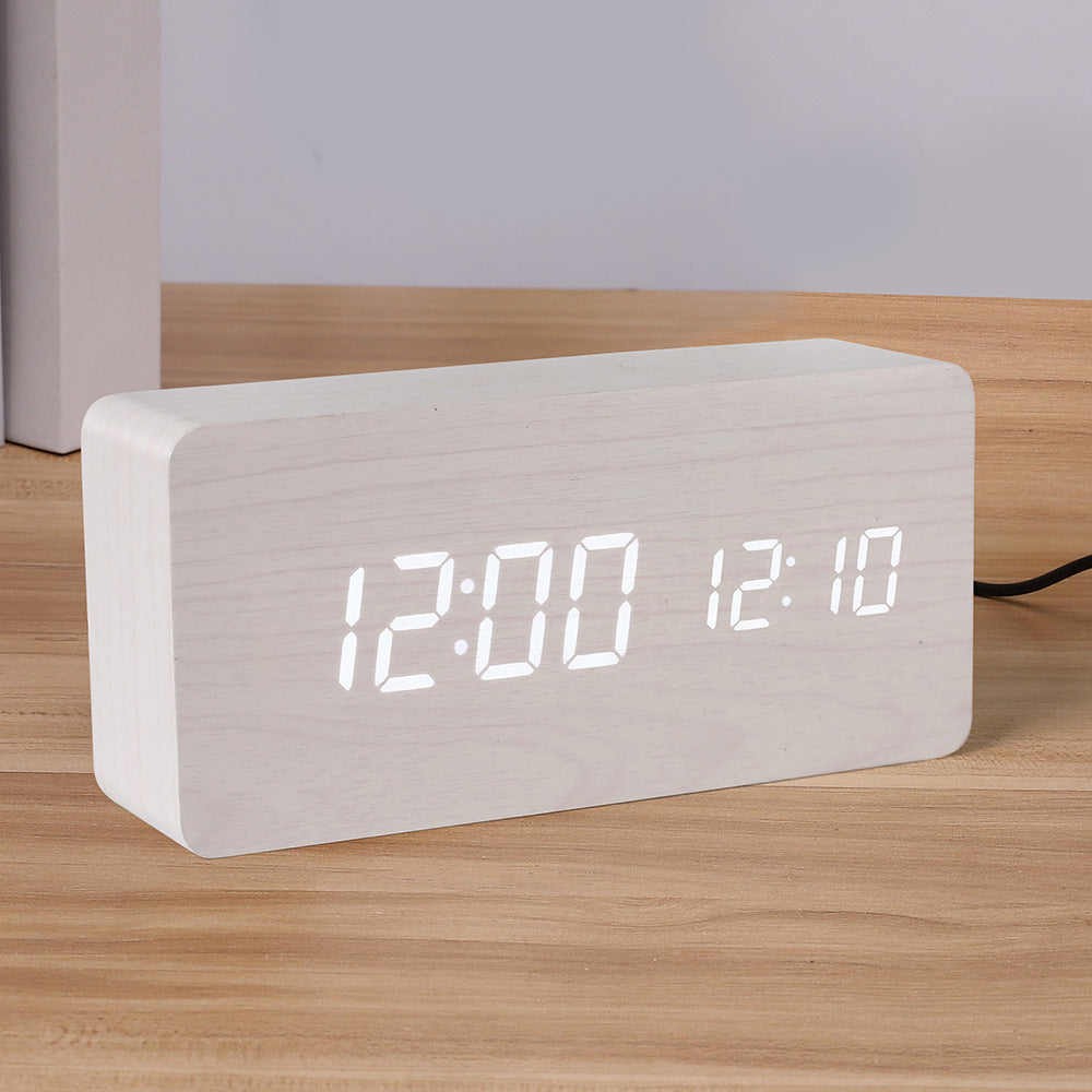 Horloge en bois PVC multifonctionnelle avec réveil, horloge LED, thermomètre, horloge numérique, réveil électronique de chevet pour étudiant avec veilleuse.