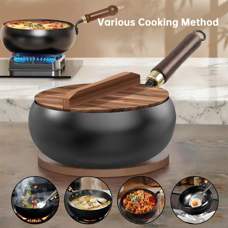 Handgesmede ijzeren wok 24/28cm ongecoat met houten deksel voor inductie gas