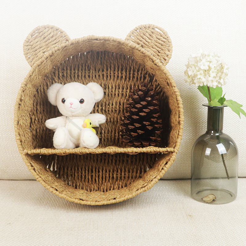 Étagère de rangement ronde en corde de papier écologique avec oreilles de chat, panier organisateur mural pour cosmétiques et décoration