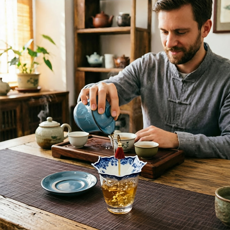 Blauw-witte porseleinen paraplu-theezeef met kwastje – Chinese stijl keramisch theefilter