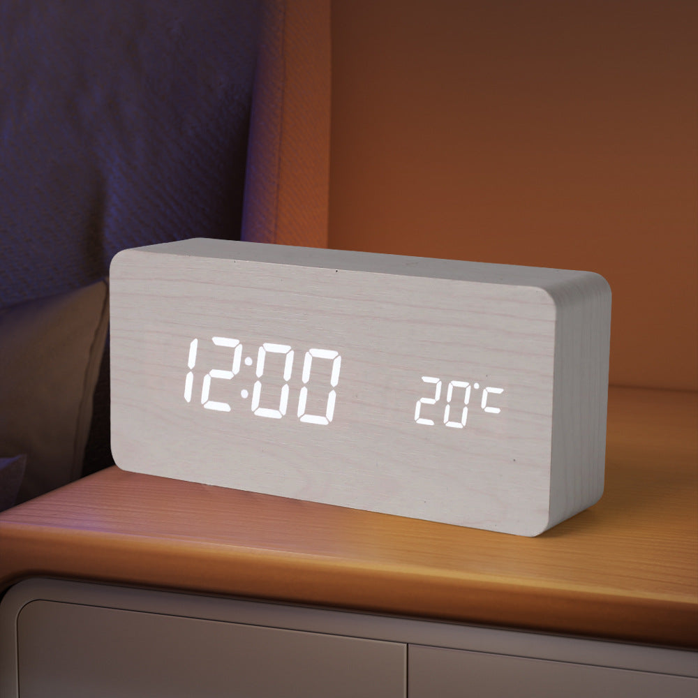 Horloge en bois PVC multifonctionnelle avec réveil, horloge LED, thermomètre, horloge numérique, réveil électronique de chevet pour étudiant avec veilleuse.