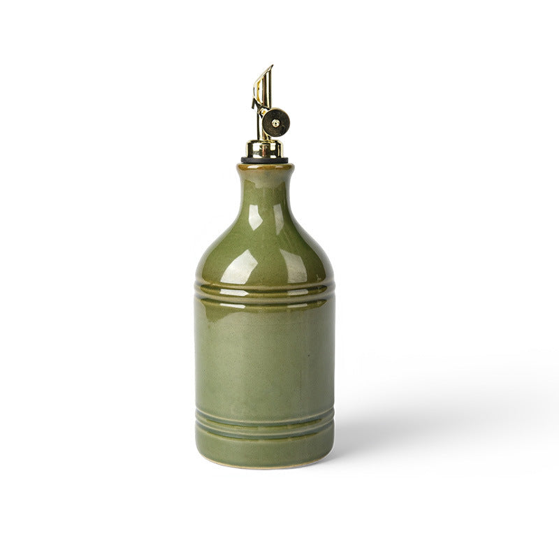 Europese retro groene keramische olijfoliefles met roestvrijstalen schenktuit – Vintage keukenopslag & kruidendispenser