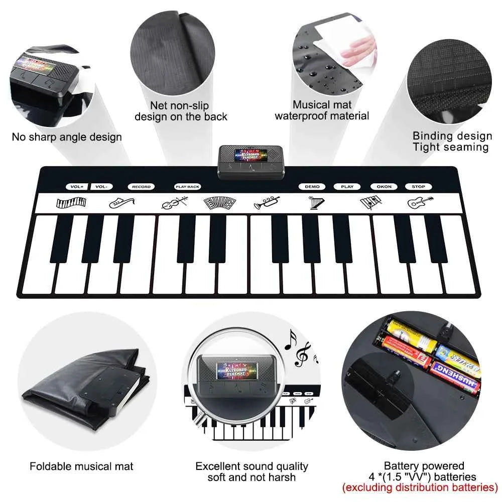 180x72cm Musical Piano Mat for Kids - Electronic Black & White Keyboard Baby Play Mat Rug Early Educational Toy Gift