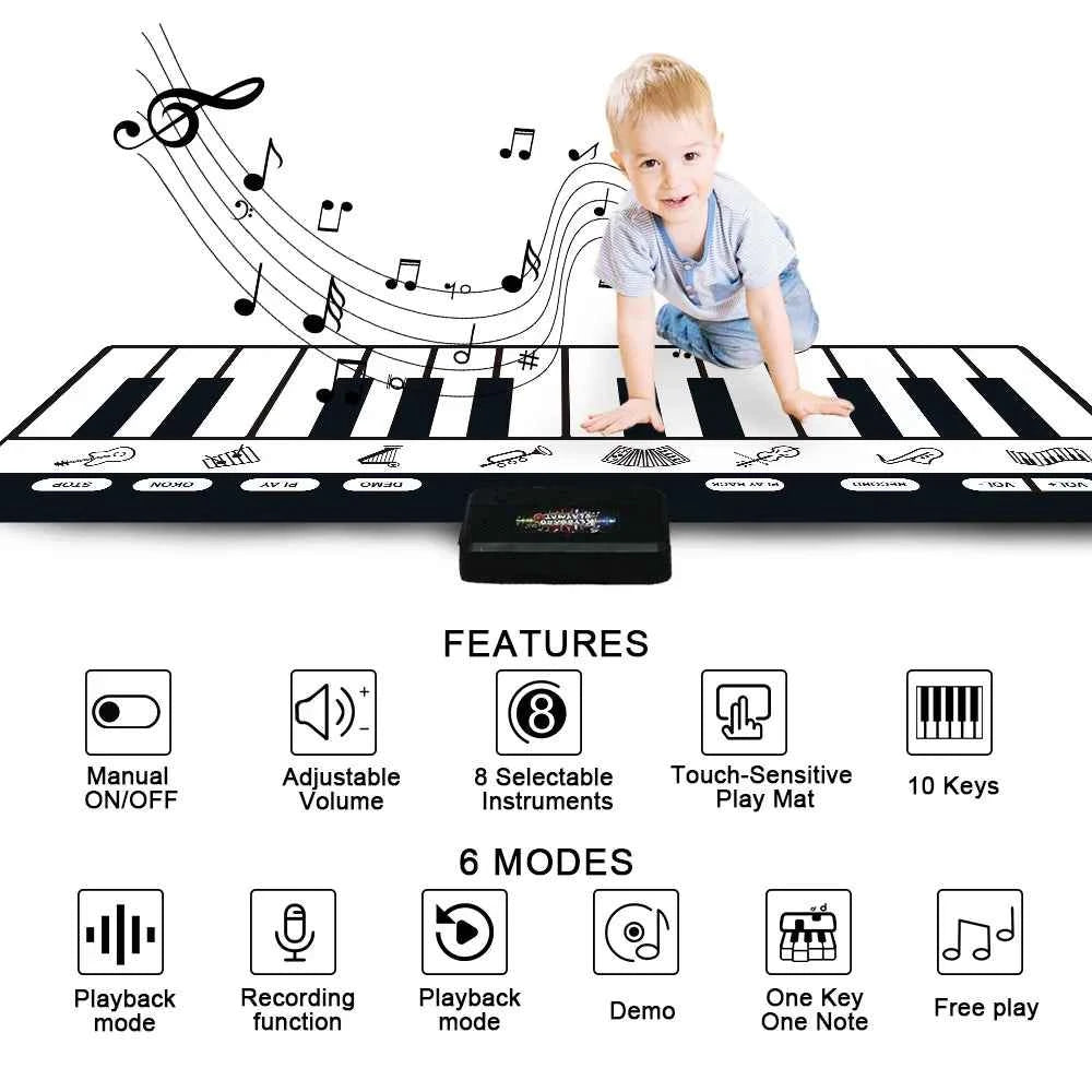180x72cm Musical Piano Mat for Kids - Electronic Black & White Keyboard Baby Play Mat Rug Early Educational Toy Gift