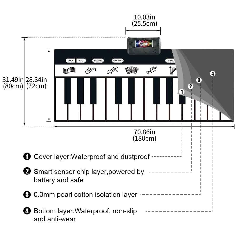180x72cm Musical Piano Mat for Kids - Electronic Black & White Keyboard Baby Play Mat Rug Early Educational Toy Gift