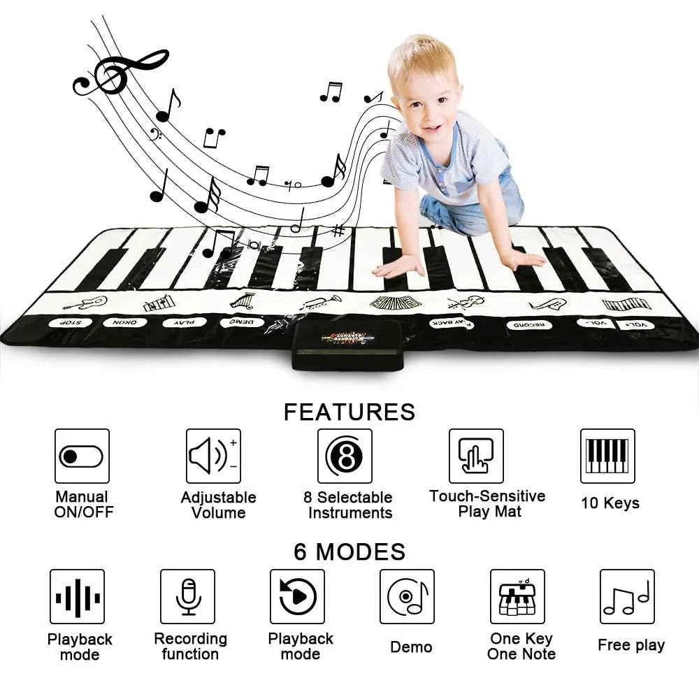 180x72cm Musical Piano Mat for Kids - Electronic Black & White Keyboard Baby Play Mat Rug Early Educational Toy Gift
