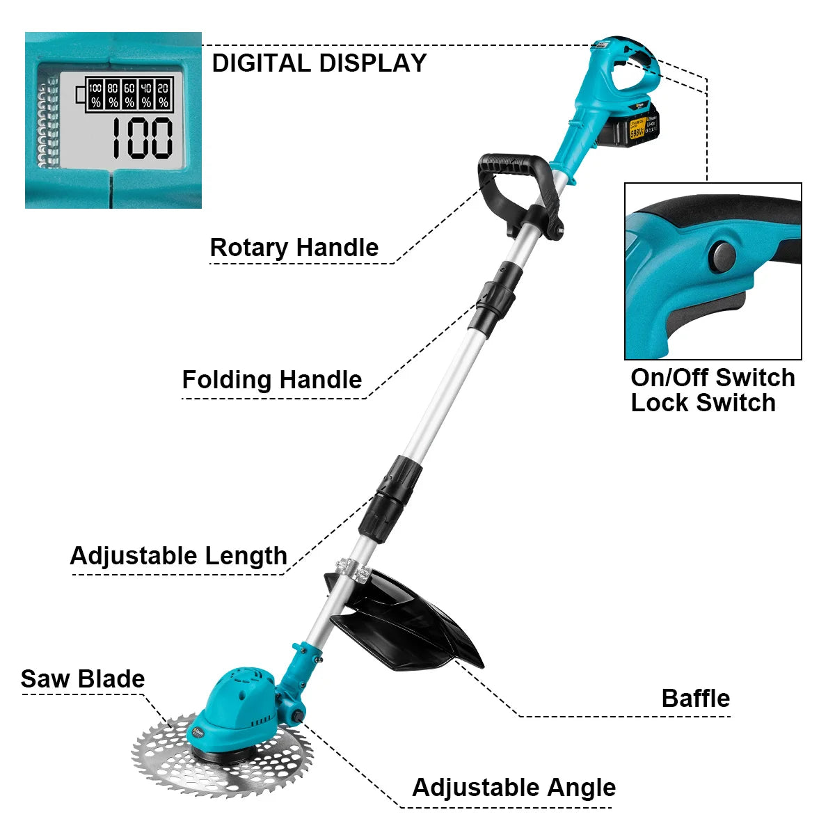 Gisam 10-inch borstelloze elektrische grasmaaier, opvouwbaar, snoerloze grastrimmer voor Makita 18V-accu