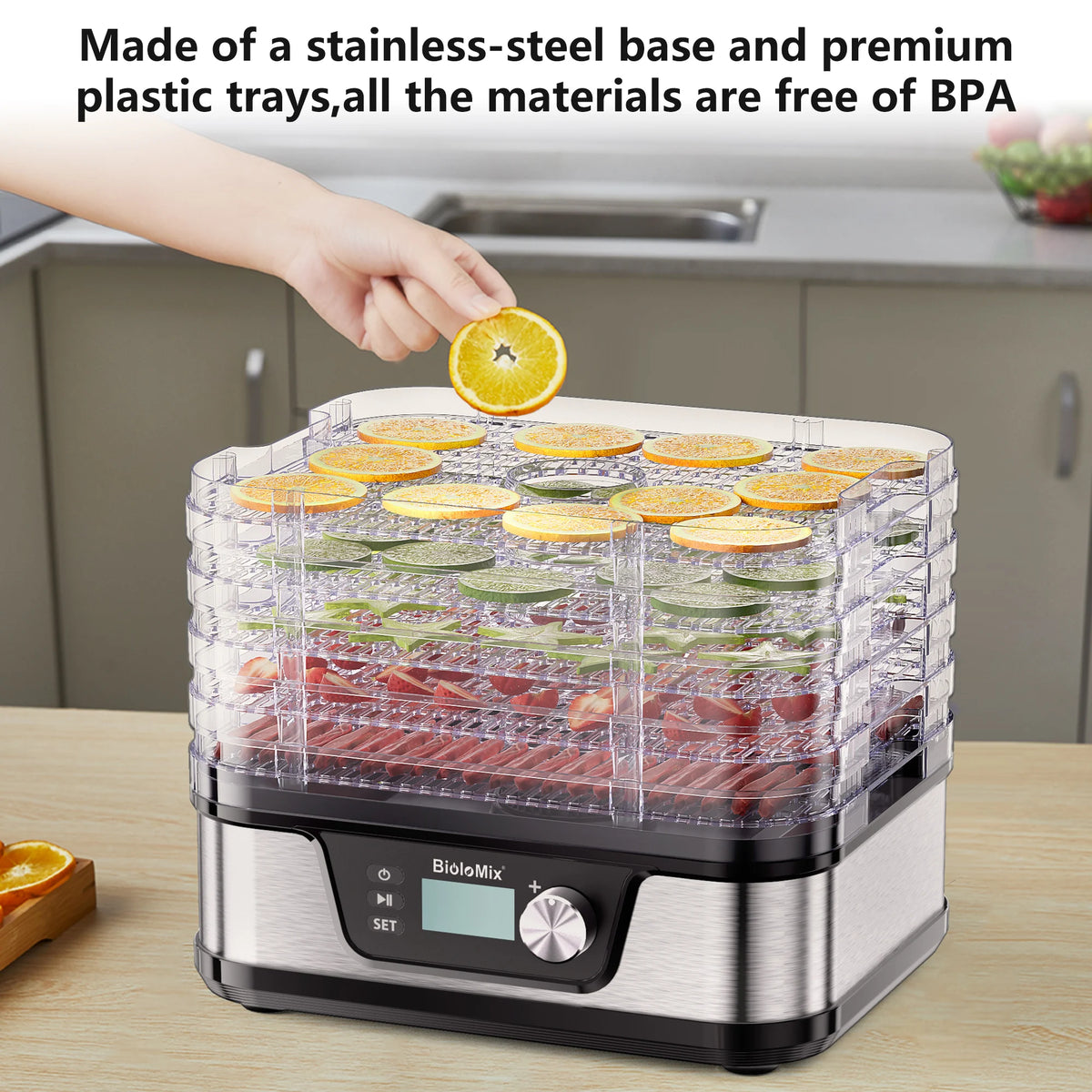 BioloMix BPA FREE 5 Trays Food Dryer Dehydrator with Digital Timer and Temperature Control for Fruit Vegetable Meat Beef Jerky