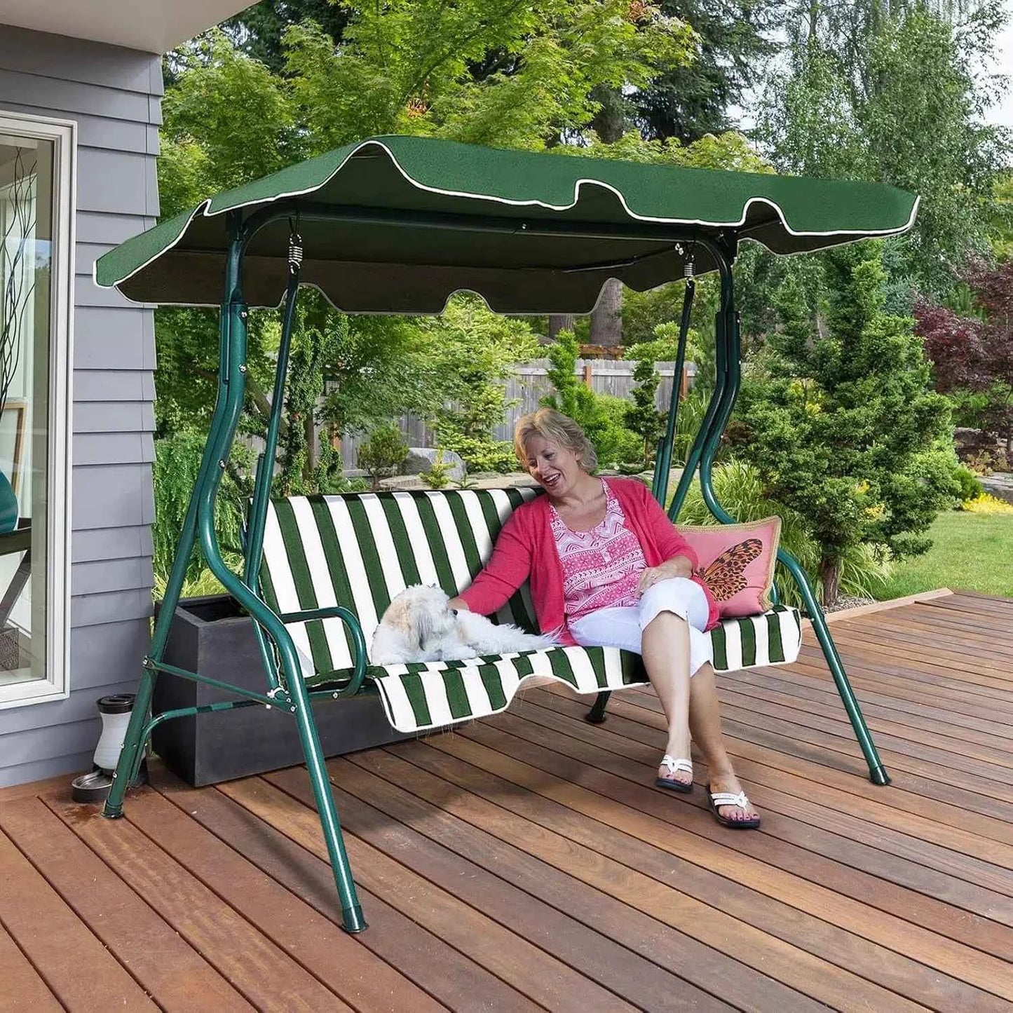3 Seater Hollywood Swing Garden Swing with Adjustable Roof, Swing Bench, 172 x 110 x 154 cm (Green and White)