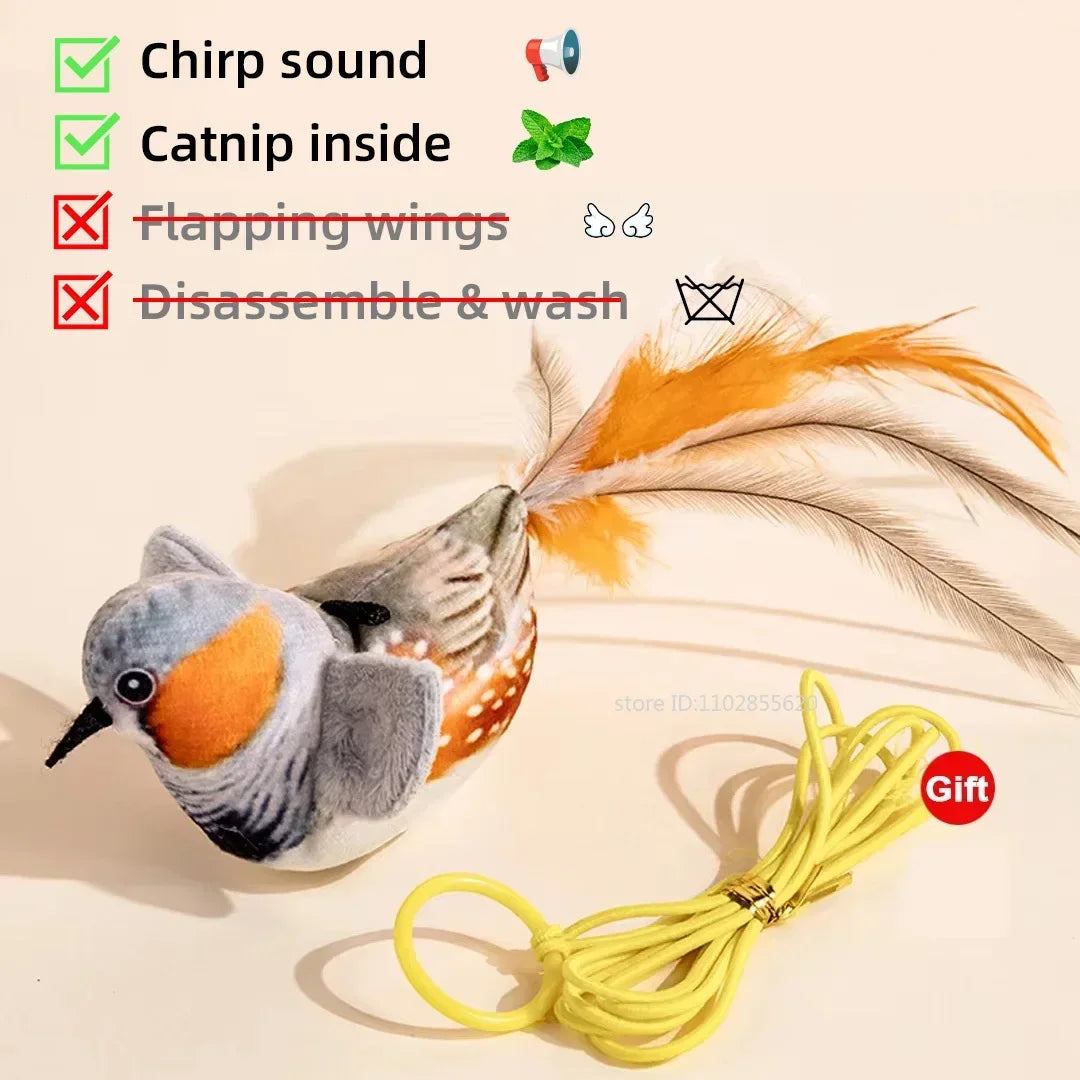 A plush bird toy with real feathers, a chirp sound, and catnip inside, that cannot be disassembled or washed.