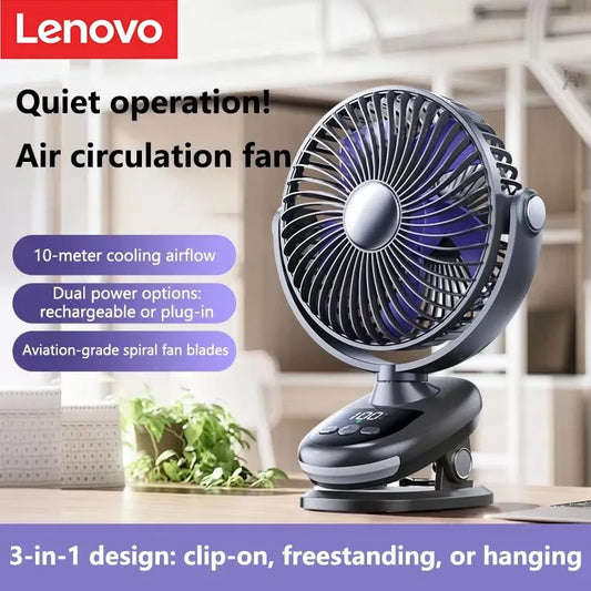 Lenovo Bedroom Silent Circulating Fan Usb Charge Automatic Shaking Clip Digital Display Office Dormitory Desktop Night Light Fan
