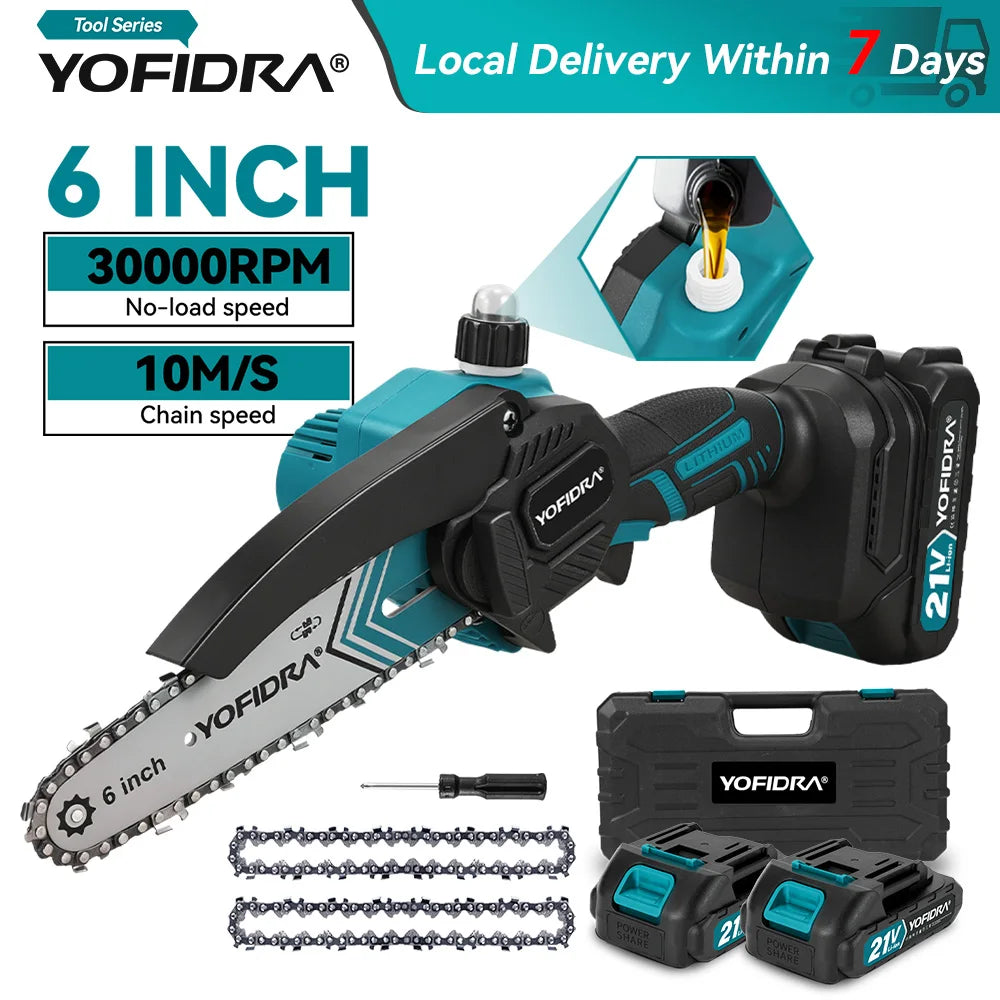 Tronçonneuse électrique portable YOFIDRA 30000 tr/min de 6 pouces, outil de coupe pour jardin et travail du bois, compatible avec batterie Makita 21V