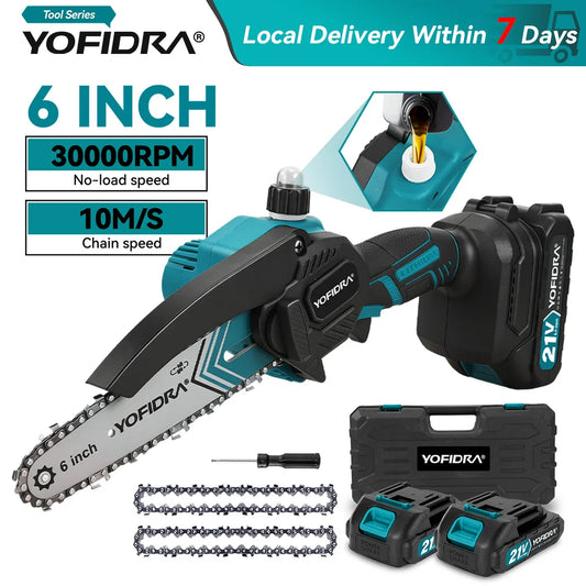 YOFIDRA 30000RPM 6 Inch Electric Chainsaw Portable Chain Saw Garden Woodworking Cutting Power Tool For Makita 21V Battery Pin