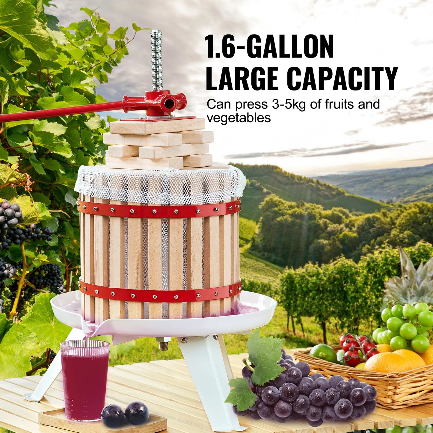 SucceBuy 6-18L Fruit Wine Press Solid Wood Basket  6 or 8 Blocks Manual Juice Maker with Pole Handle Bar for Kitchen and Home