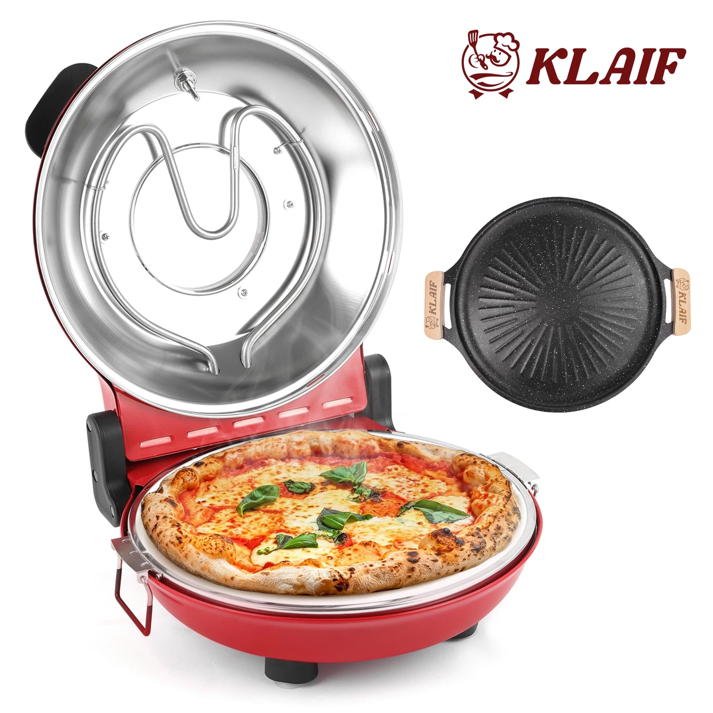 Dual Temp Control Pizza Oven with 420℃ Max Temp, 12" Pizza Stone & Mineral Stone Plate, Household Machine for Pizza and Steak