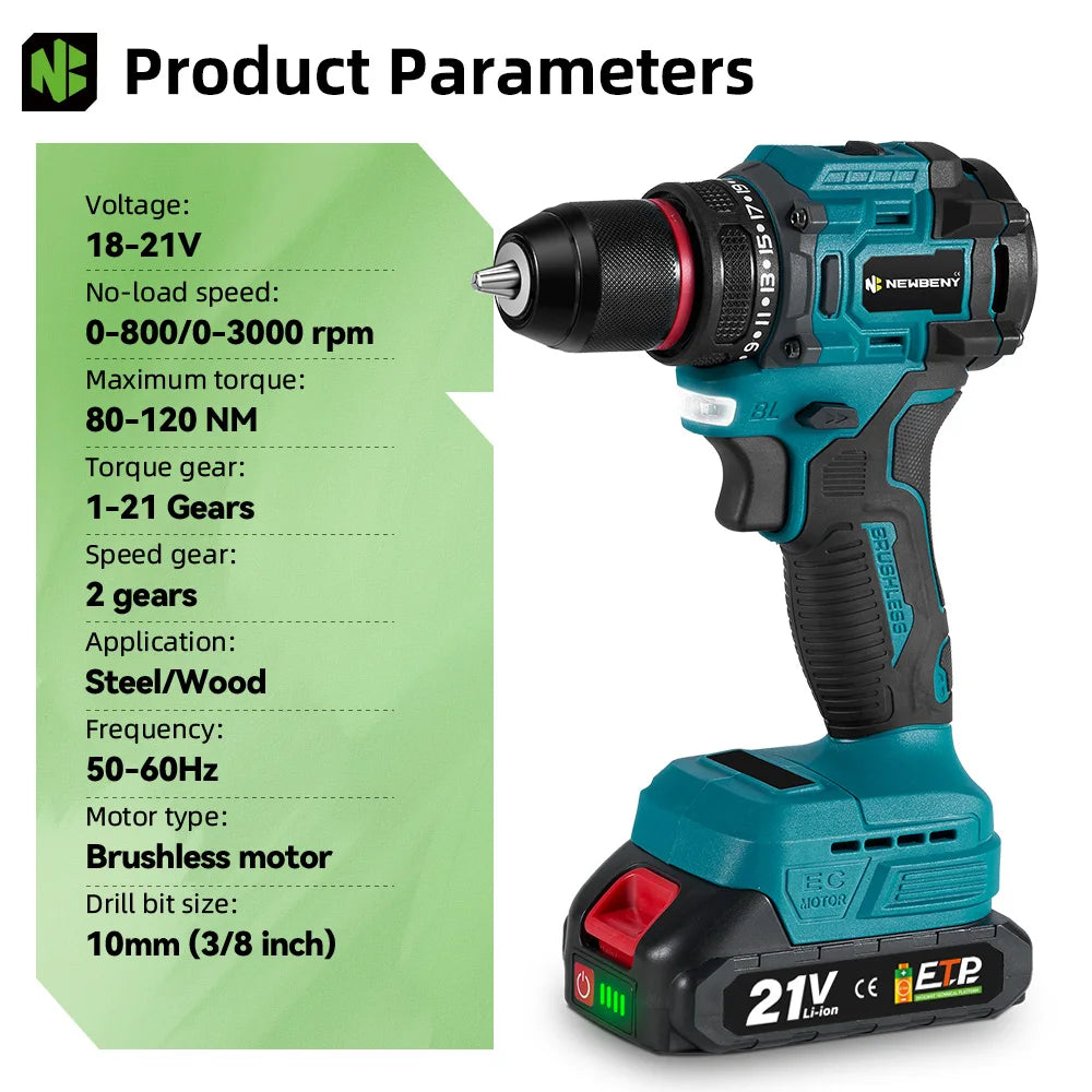 NEWBENY 21+2 Koppel Borstelloze Elektrische Boormachine 10MM Snoerloze Schroevendraaier Doe-het-zelf Gereedschapssets voor Makita 21V Accu