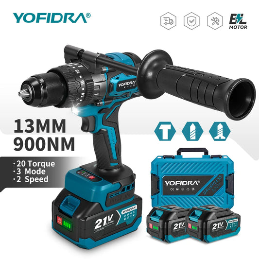 YOFIDRA 20+3 Torque 900N.M Brushless Electric Impact Drill 13MM Cordless Drilling Screwdriver Power Tool for Makita Battery Pin