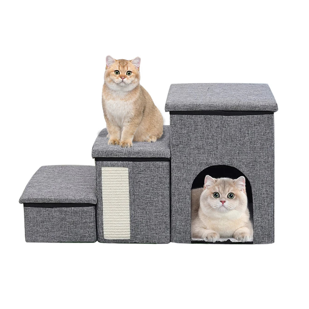 Foldable Pet Stairs with Storage Compartments, Non-Slip Wide Steps, Comfortable Dog Cave for Elderly Cats and Dogs Climb & Rest - Quality Shopping Centre