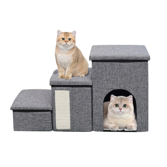 Foldable Pet Stairs with Storage Compartments, Non-Slip Wide Steps, Comfortable Dog Cave for Elderly Cats and Dogs Climb & Rest