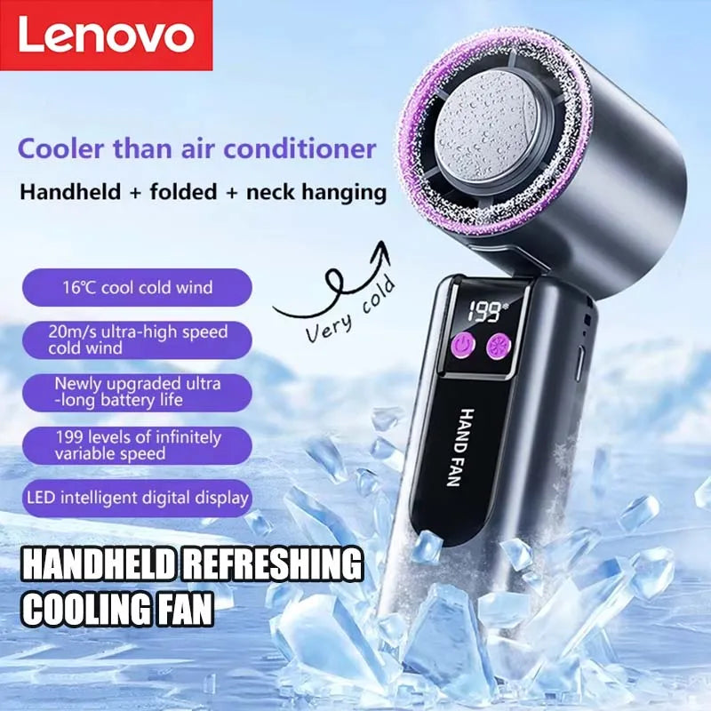 Lenovo 199-standen hogesnelheidsventilator, usb-oplaadbaar, digitaal display, krachtige handzame draagbare miniventilator