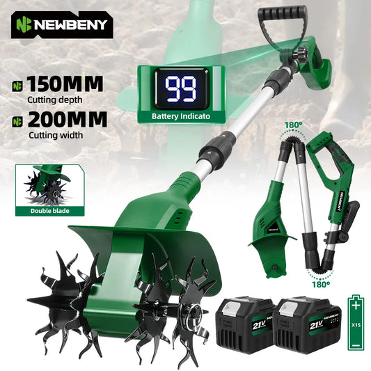 NEWBENY 200MM  Electric Lawn Mower Double-Blade Rototiller Tiller Cultivator Garden Tool for Makita 21V Battery Pin