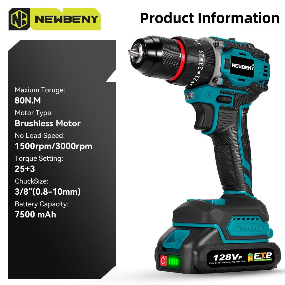 NEWBENY 80N.M 3-IN-1 Brushless Electric Drill Cordless 25+3 Torque Screwdriver Power Tools Set For Makita 18V Battery Pin