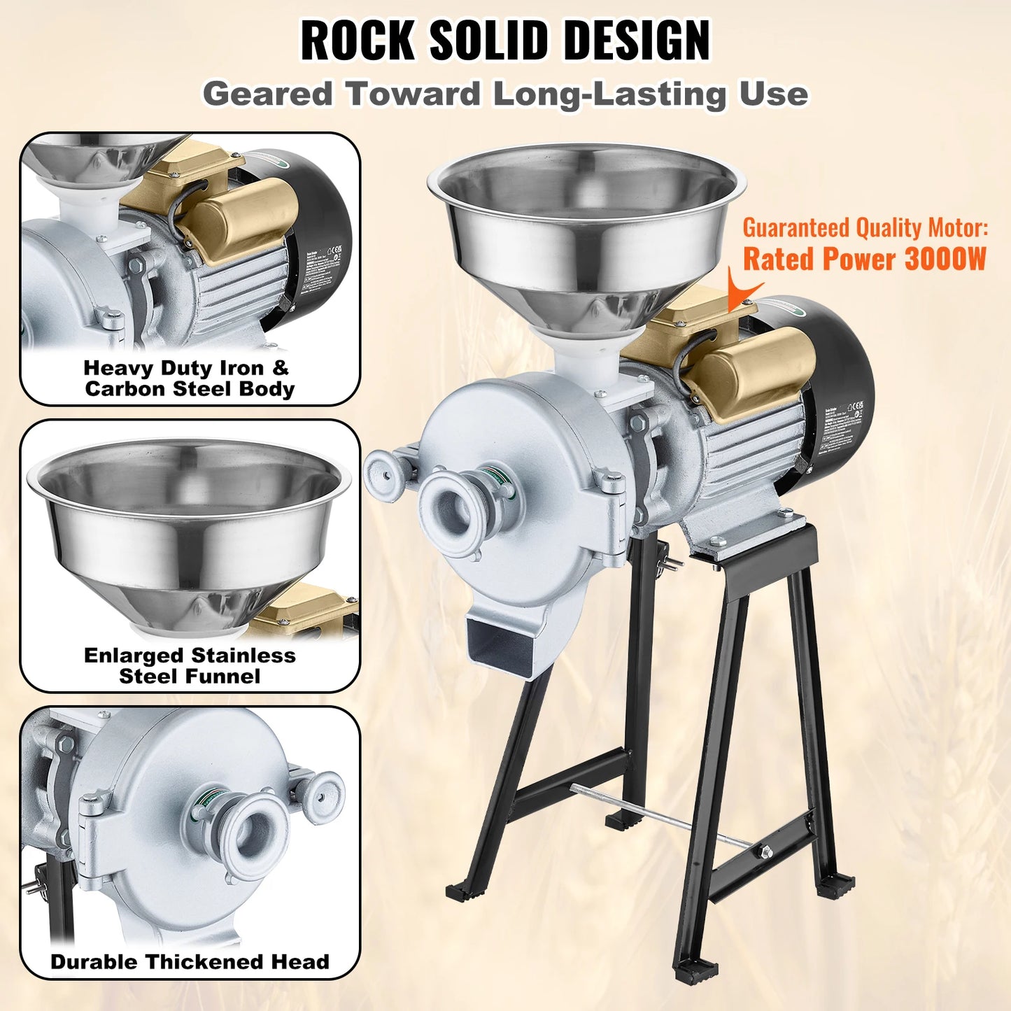 SucceBuy Electric Grain Mill Grinder 3000W Spice Grinders Commercial Corn Mill with Funnel Cereal Wheat Grinders Dry&Wet Grinder