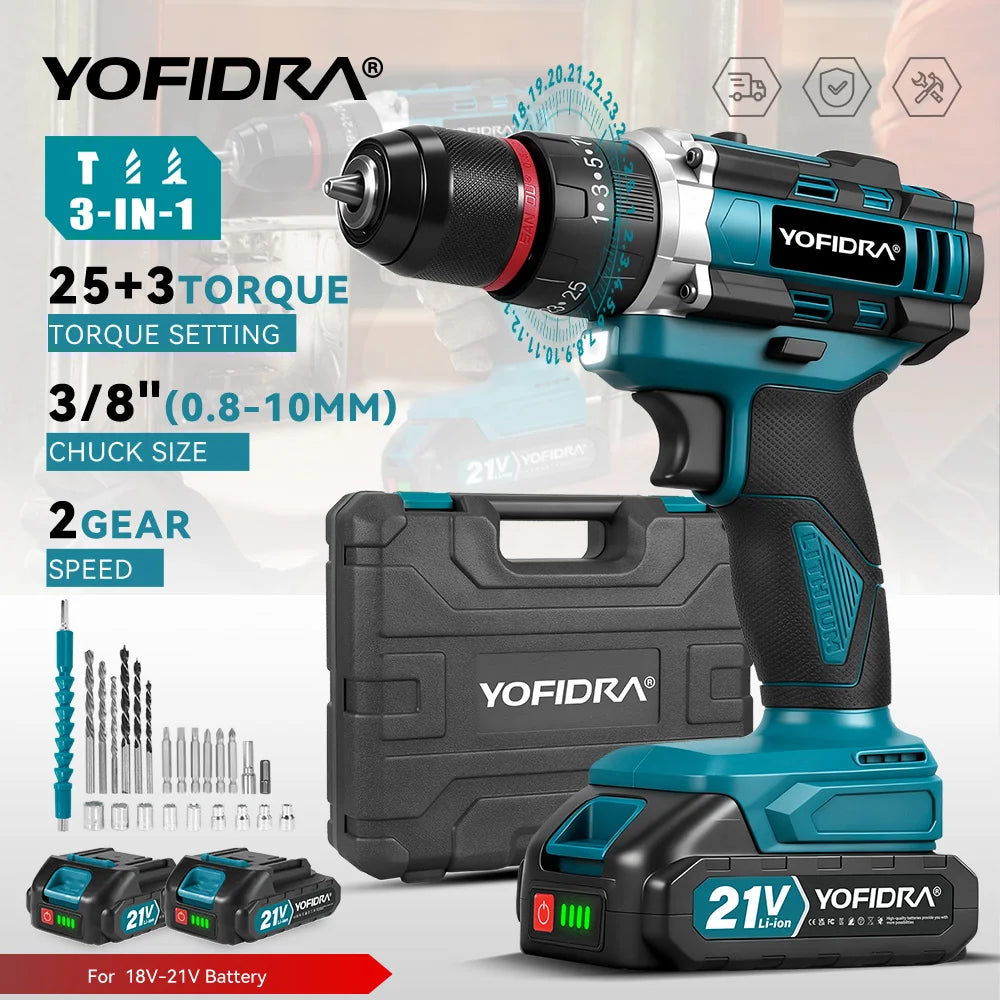 YOFIDRA 25+3 Koppel Elektrische Klopboormachine 3-IN-1 Handbediende Accu-klopboormachine Houtbewerkingsgereedschap voor Makita Accu
