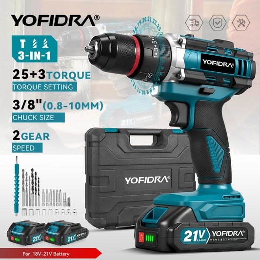 YOFIDRA 25+3 Torque Electric Impact Drill 3 IN 1 Handheld Cordless Impact Drill Woodworking Power Tool For Makita Battery Pin