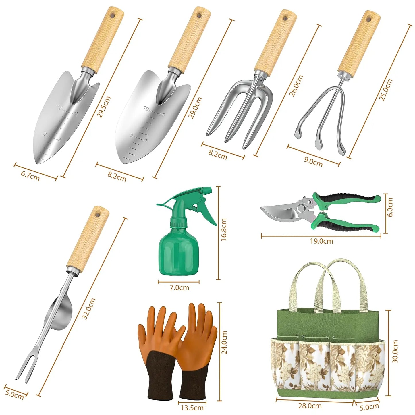 9 Piece Garden Weeding Tools Stainless Steel Gardening Tool Set with Wooden Handle, Weeder