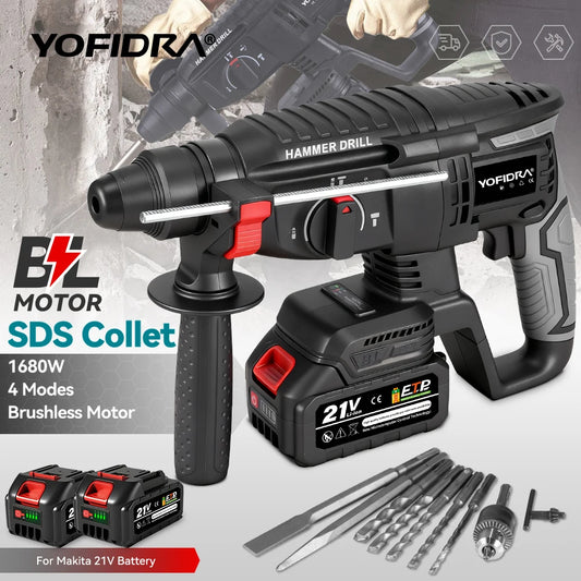 YOFIDRA 1680W Brushless Electric Hammer Cordless Multi-function Drilling Impact Drill Rotary Power Tool For 21V  18V Battery