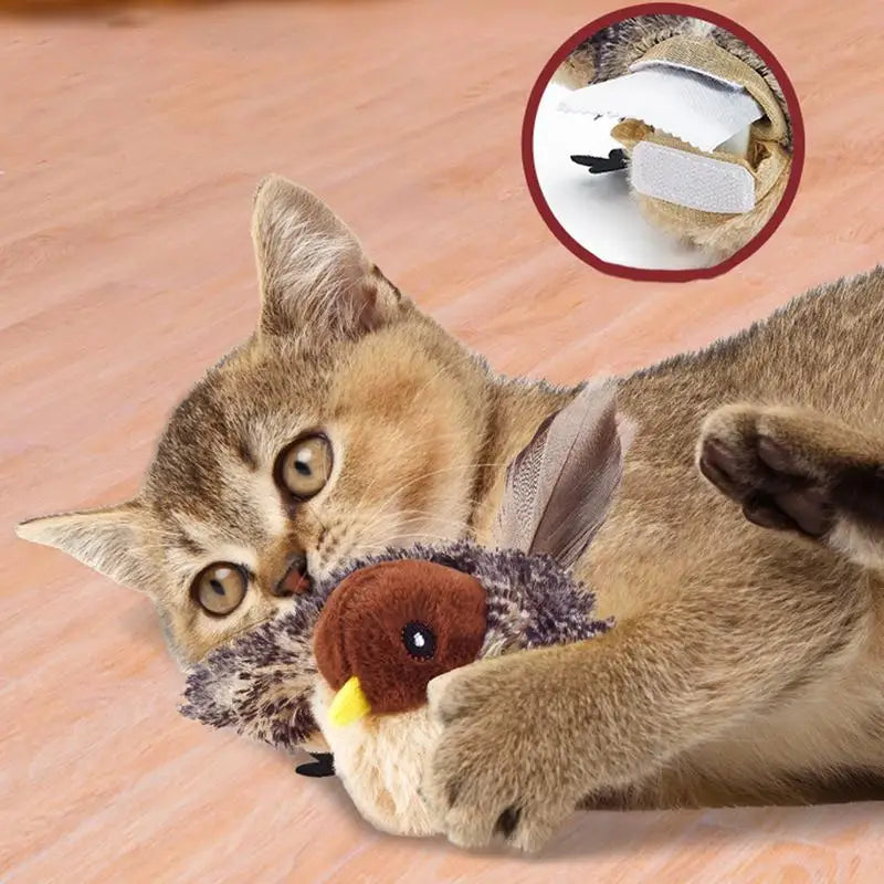 Chirping bird cat toy with Catnip Adjustable Touch Activated Squeak Plush Cat Toy Rechargeable Chirping Flapping Bird for Pet