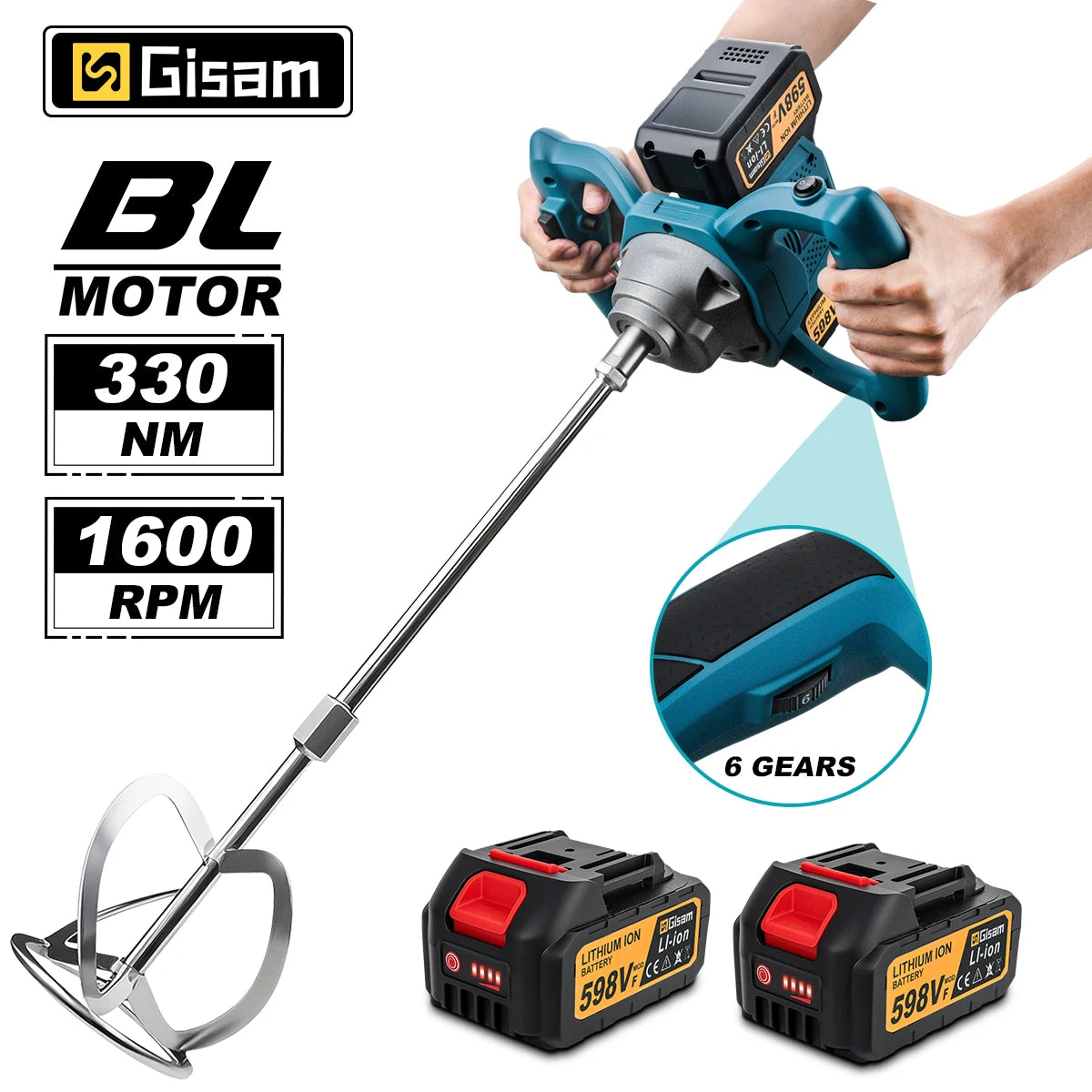 Gisam 40V Brushless Electric Concrete Mixer 6Speed Cordless Cement Mortar Plaster Paint Blender For makita 18v battery pin