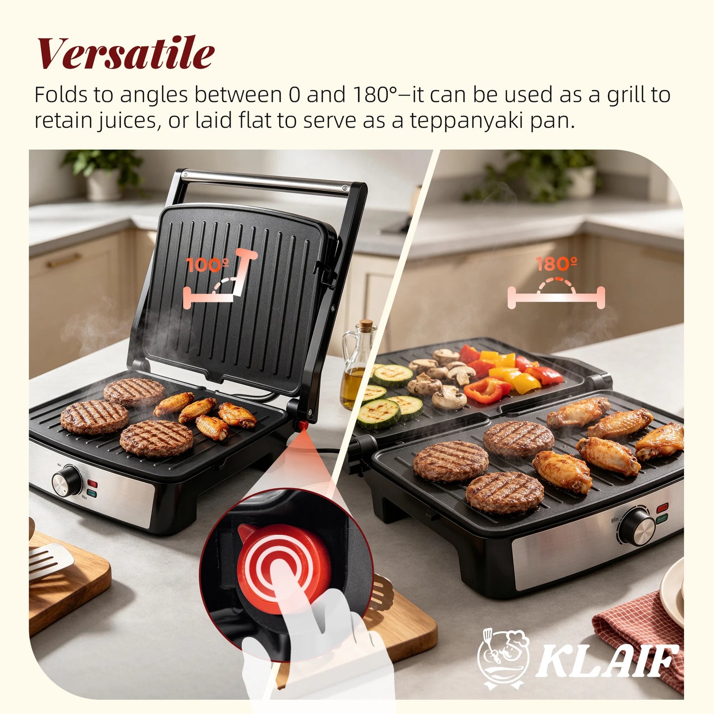 2200W Double Sided Heating Contact Grill Steak Grill Machine, 180 Degree Open Non-stick Panini Maker with Precise Temp Control Large Cooking Surface for Household BBQ Breakfast