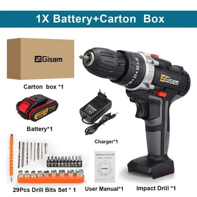 Gisam 25+3 Koppel Elektrische Boormachine Handheld Snoerloze Elektrische Schroevendraaier Multifunctioneel Houtbewerking Thuis Doe-het-zelf Elektrisch Gereedschap