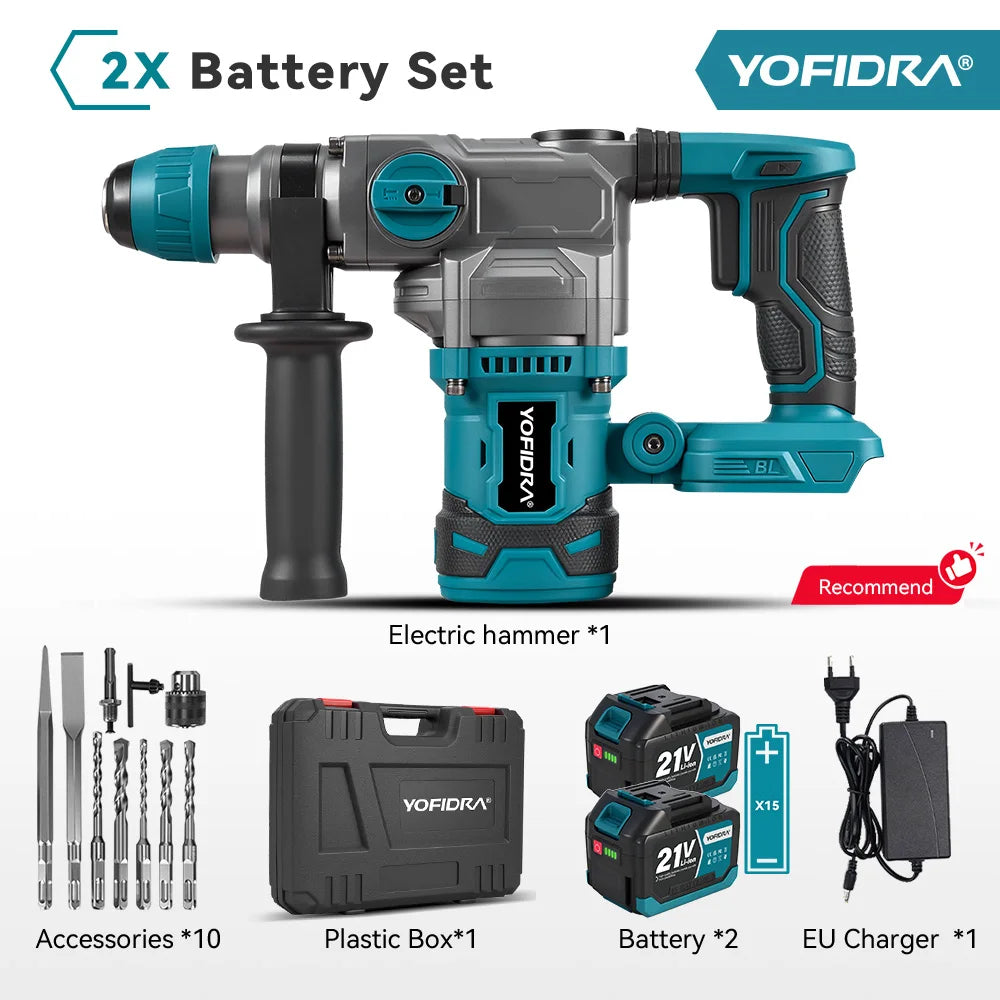 Marteau perforateur électrique sans balais YOFIDRA 3500W, 26 mm, multifonction, perceuse à percussion sans fil, outil électrique rotatif compatible avec batterie Makita