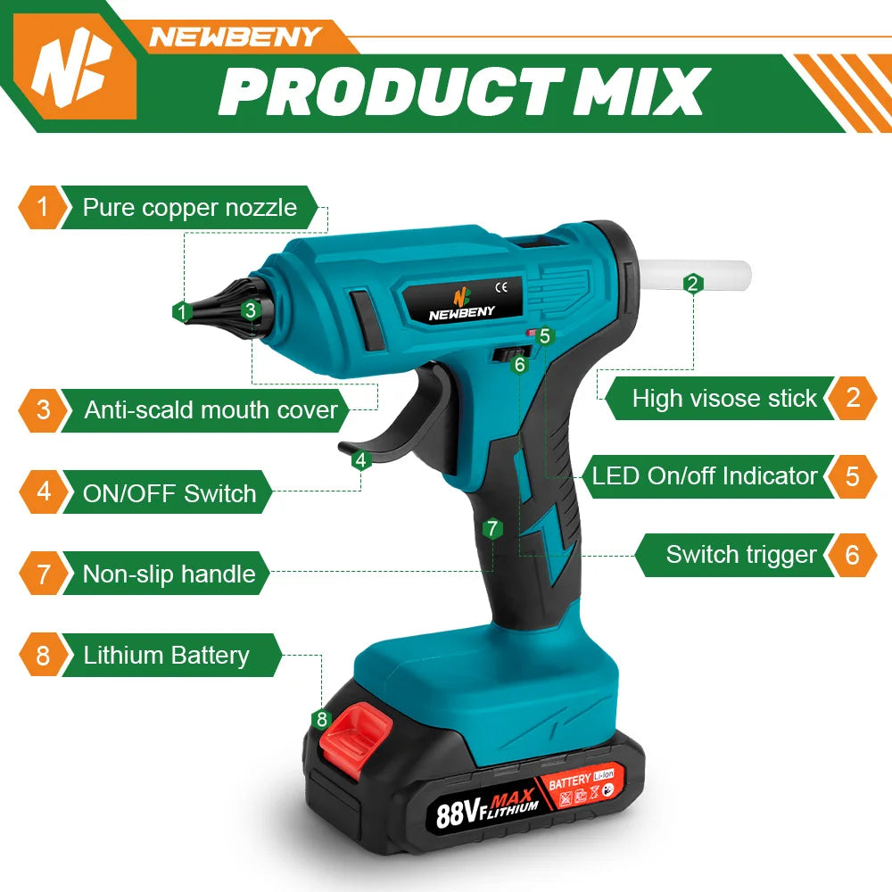 NEWBENY 100W 280°C Draadloos Heteluchtlijmpistool Draagbaar Oplaadbaar met Lijmsticks DIY Reparatietool Voor Makita 18V Batterij Pin