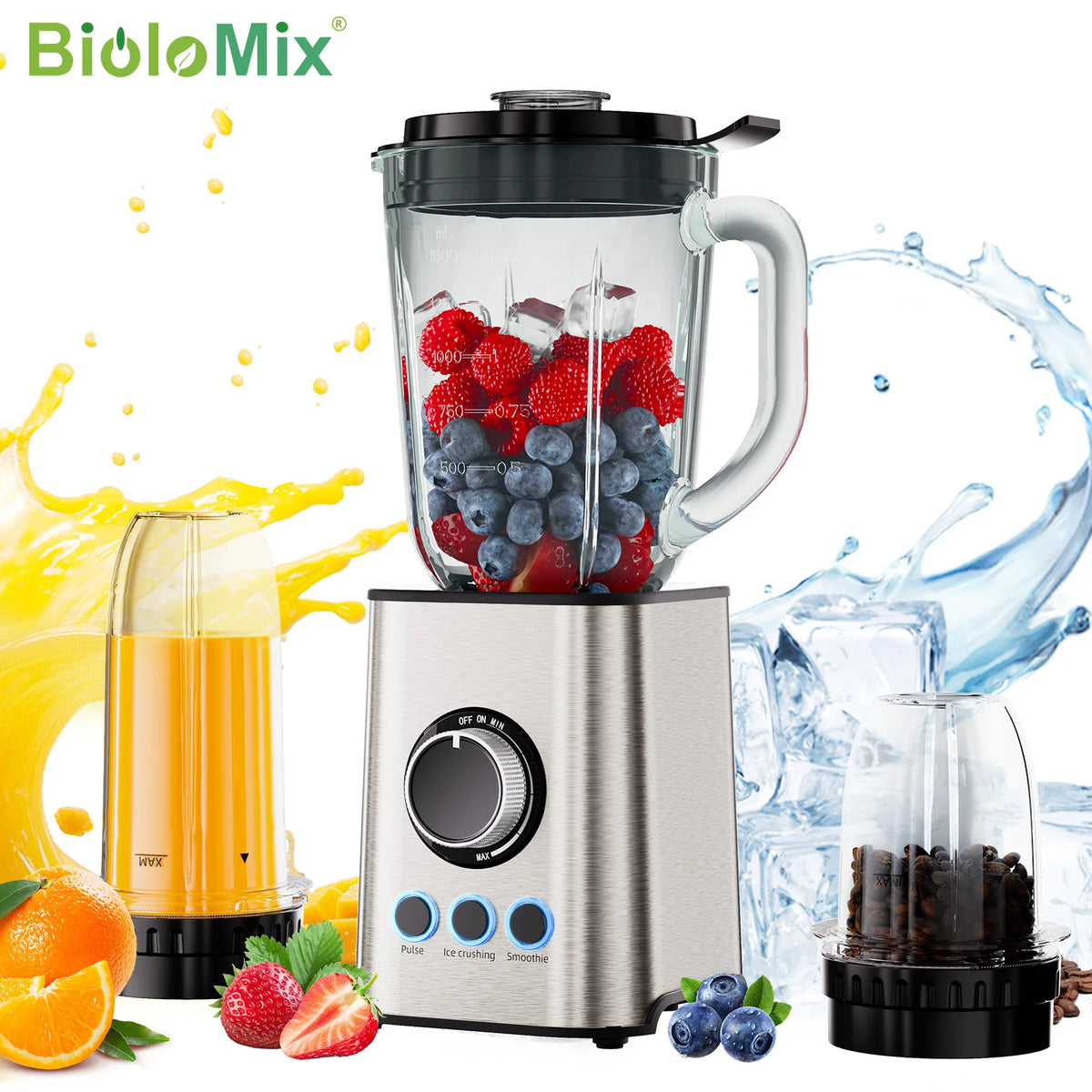 BioloMix 3-in-1 Smoothie Blender met roestvrijstalen messen 1300W persoonlijke blender en molen-combinatie voor babyvoeding en sap