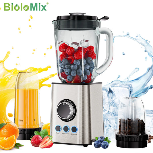 BioloMix 3-in-1 Smoothie Blender with Stainless Steel Blades 1300W Personal Blender and Grinder Combo for Baby Food Juice