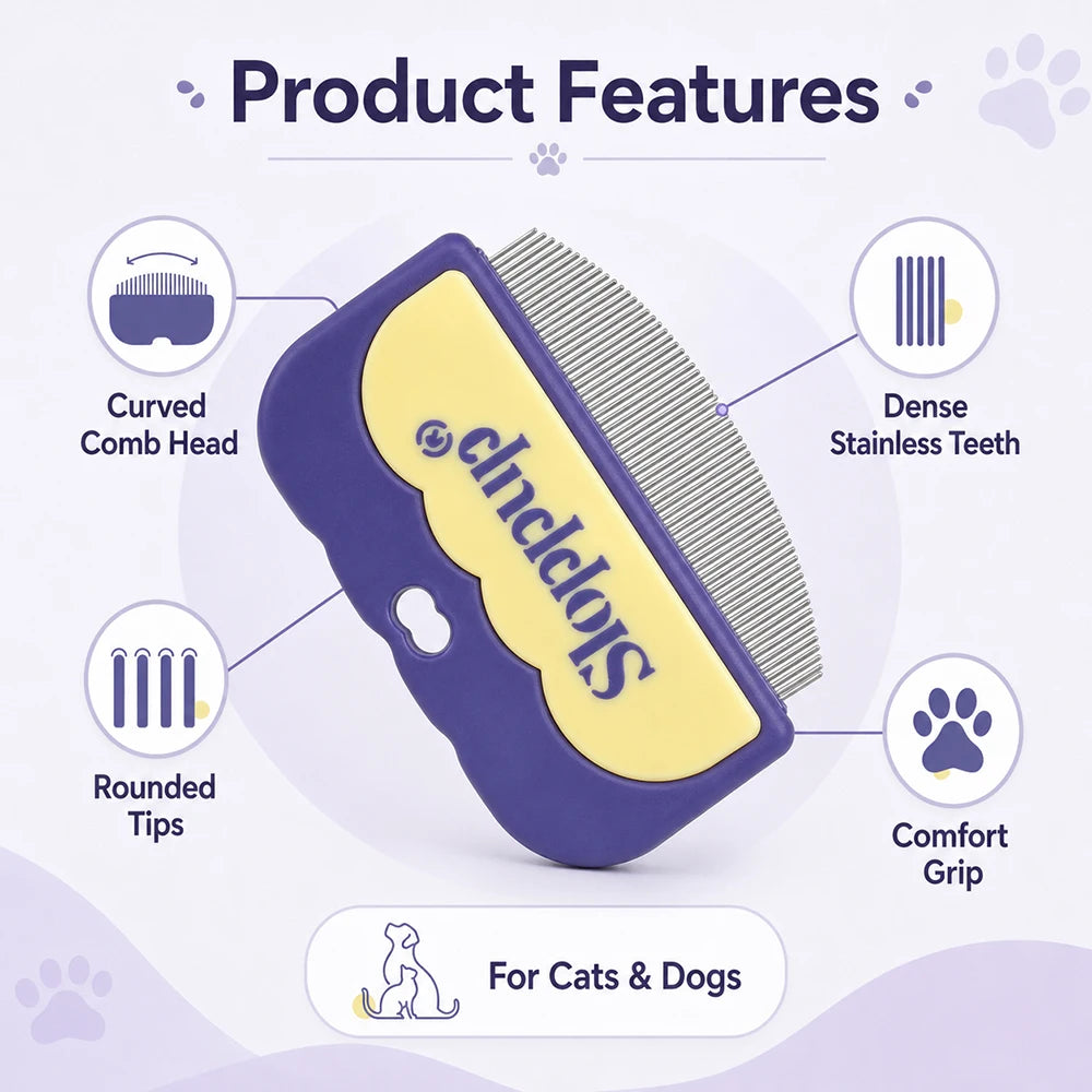 Pet Flea Comb for Cats Dogs Fine Metal Teeth Cat Grooming Brush with Curved Design Dog Fur Cleaning Kitten Loose Hair Remover