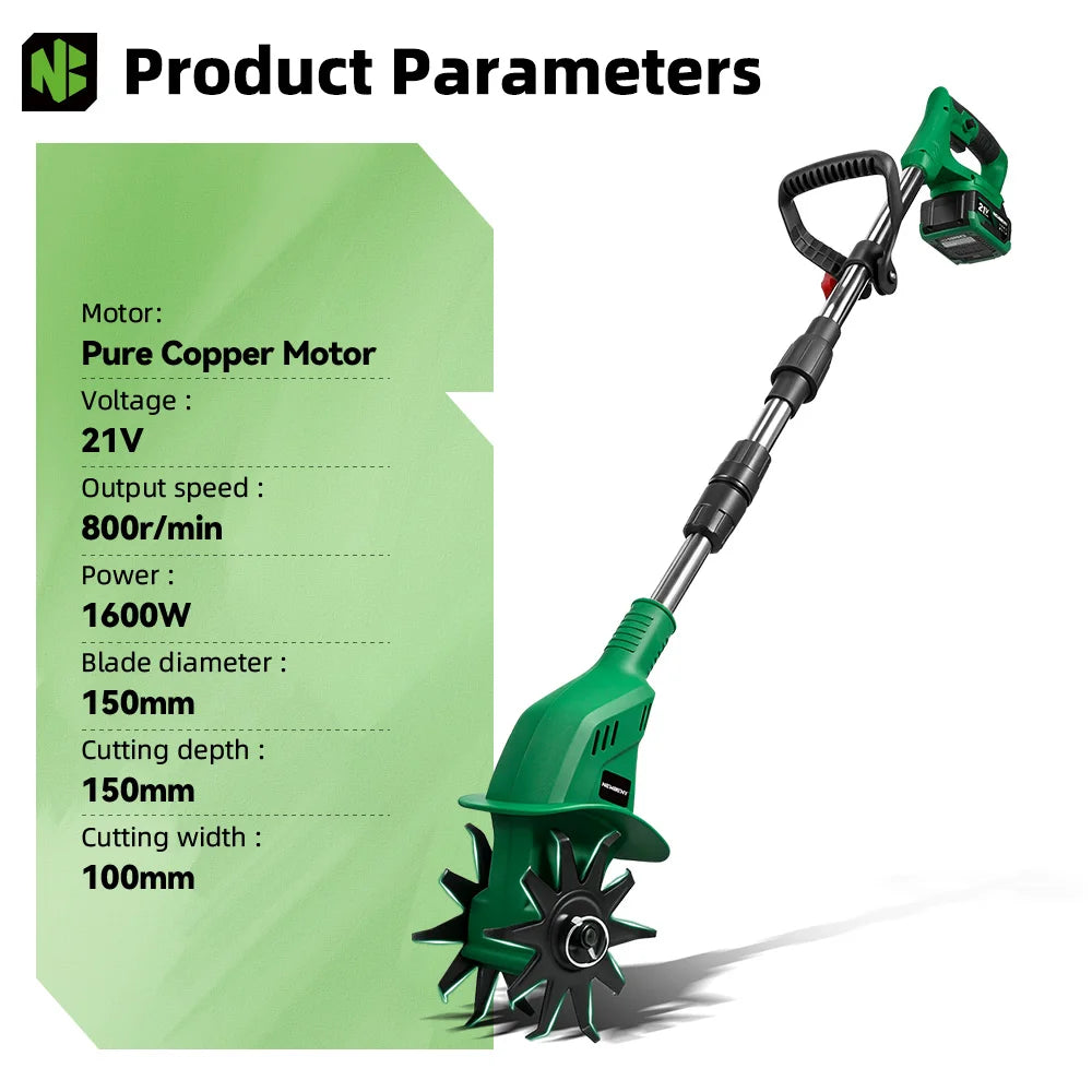 NEWBENY 1600W Electric Rotary Tiller Cultivator 150MM Portable Grass Trimmer Soil Turning Lawn Mower Tool for Makita Battery Pin
