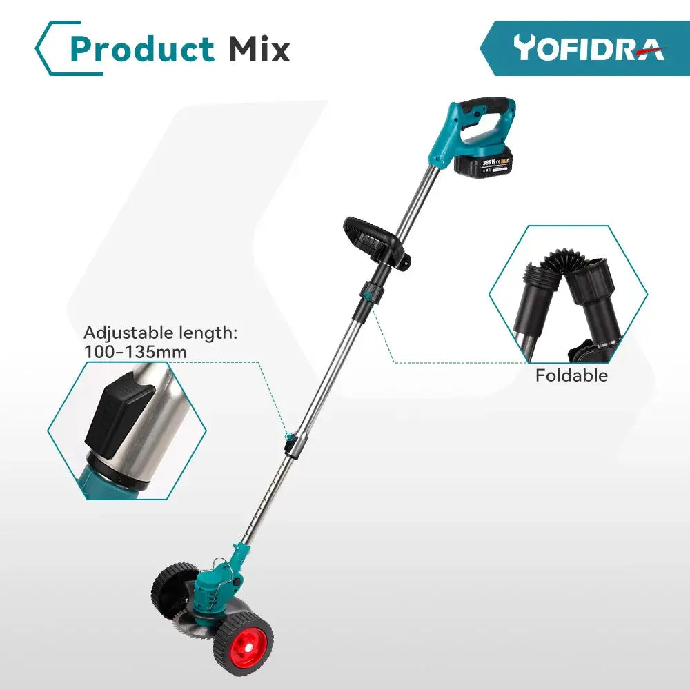 YOFIDRA Electric Lawn Mower Handheld Length Adjustable Cutter Cordless Garden Grass Cutting Trimmer For Makita 18V