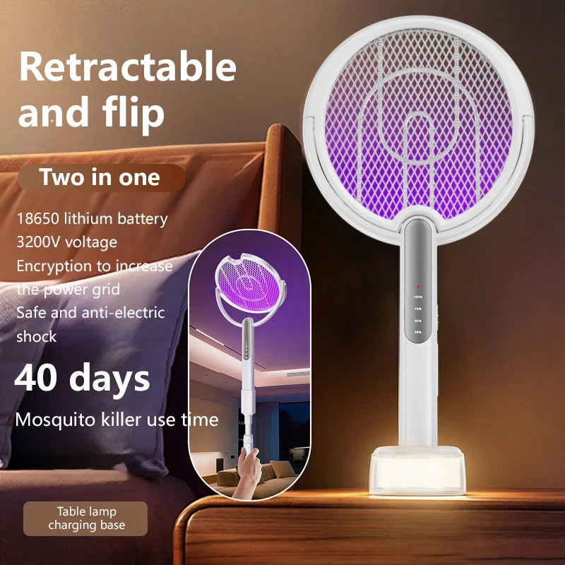 Raquette anti-moustique électrique rétractable Lenovo, angle réglable, rechargeable, destructeur d'insectes puissant 2-en-1 pour intérieur et extérieur