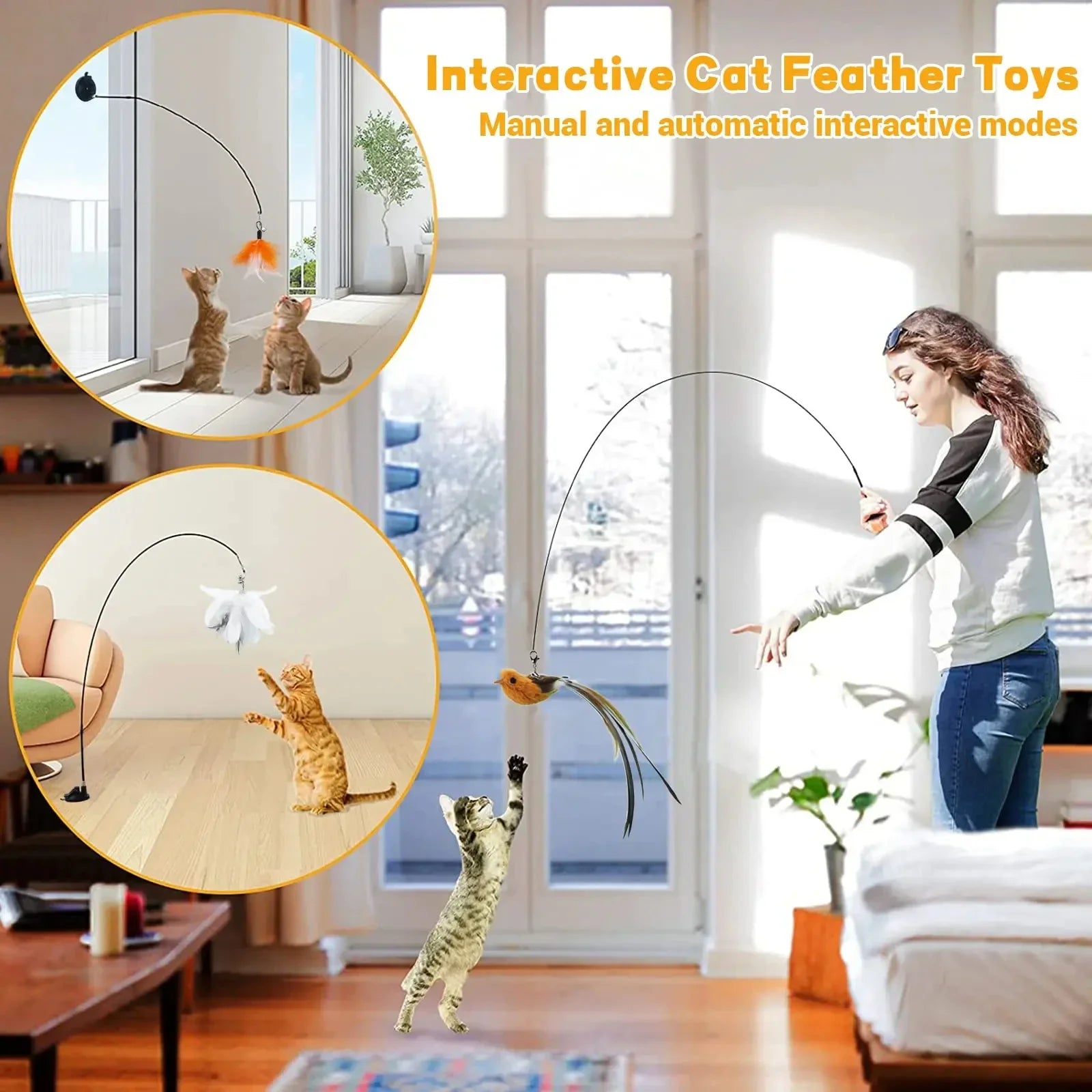 Interactive cat feather toys with manual and automatic modes.