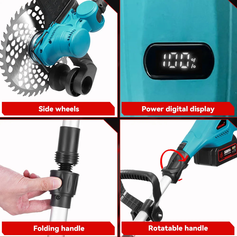 ONEVAN Borstelloze Elektrische Grasmaaier 36000RPM Grastrimmer 90° Verstelbaar Opvouwbaar Tuingereedschap voor Makita 18V Accu