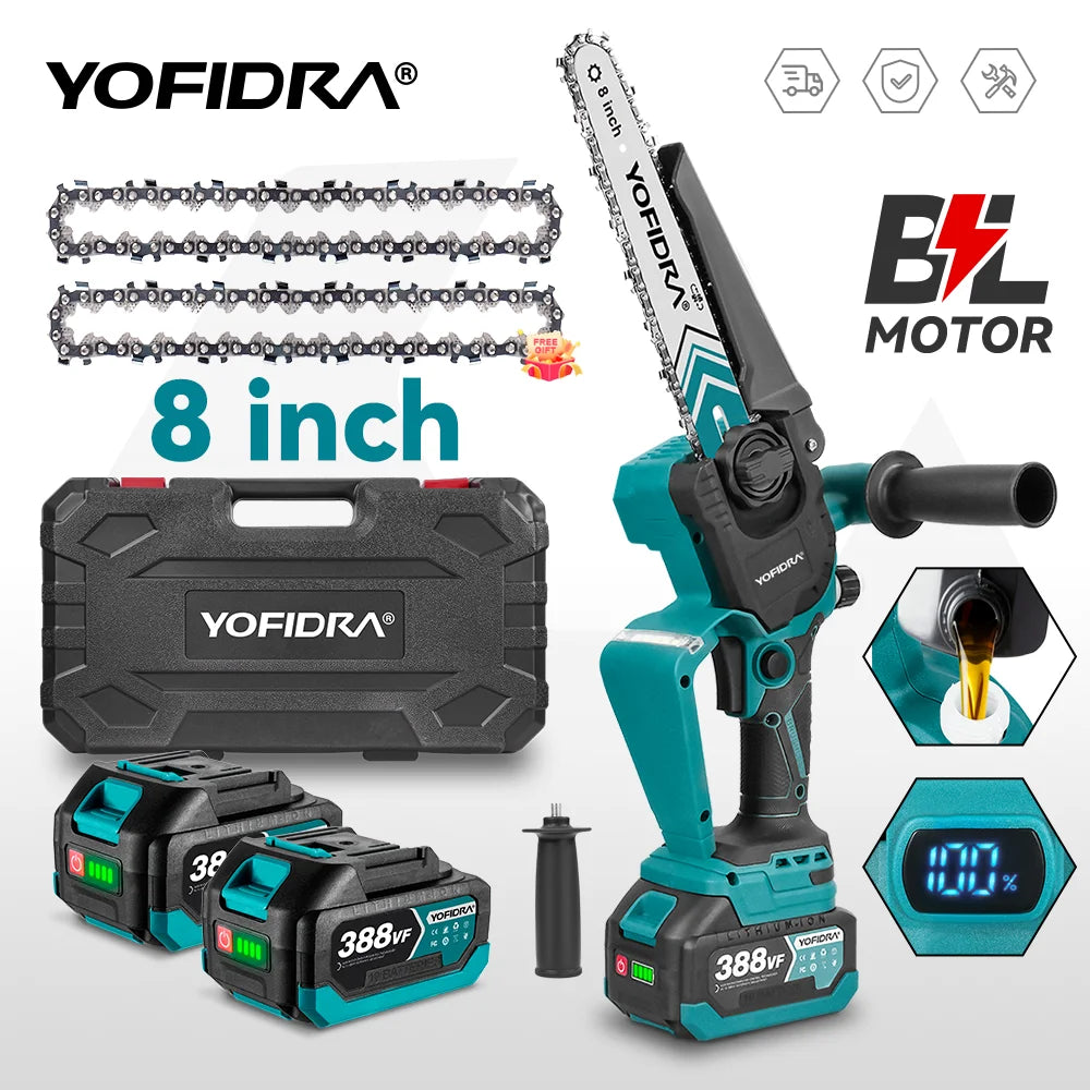 YOFIDRA 4500W Brushless 8 Inch Electric Chainsaw Digital Display Woodworking Pruning Saw Cutting Tool For 21V Battery Pin