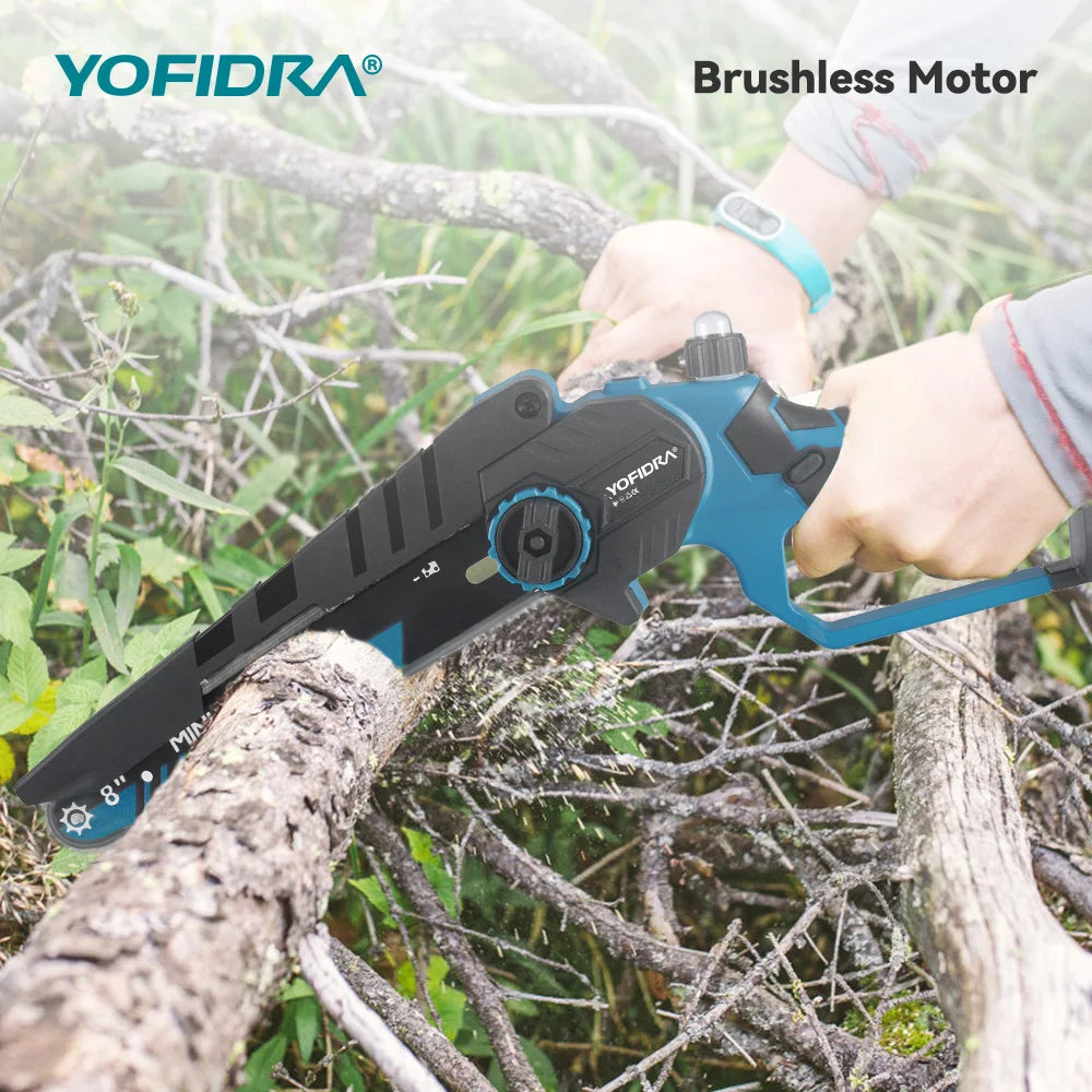 YOFIDRA 8 Inch Brushless Electric Chainsaw 3500W Handheld Woodworking Pruning Chain Saw Cutter Power Tool For Makita Battery Pin