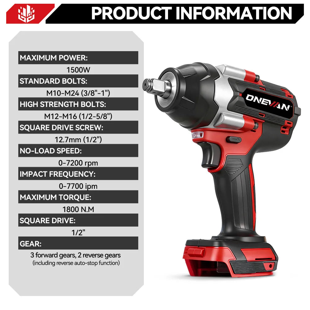 ONEVAN 1800 N.M Koppel Borstelloze Elektrische Slagsleutel 1/2 inch Accusleutel Elektrisch Gereedschap voor Makita 18V Accu Pin